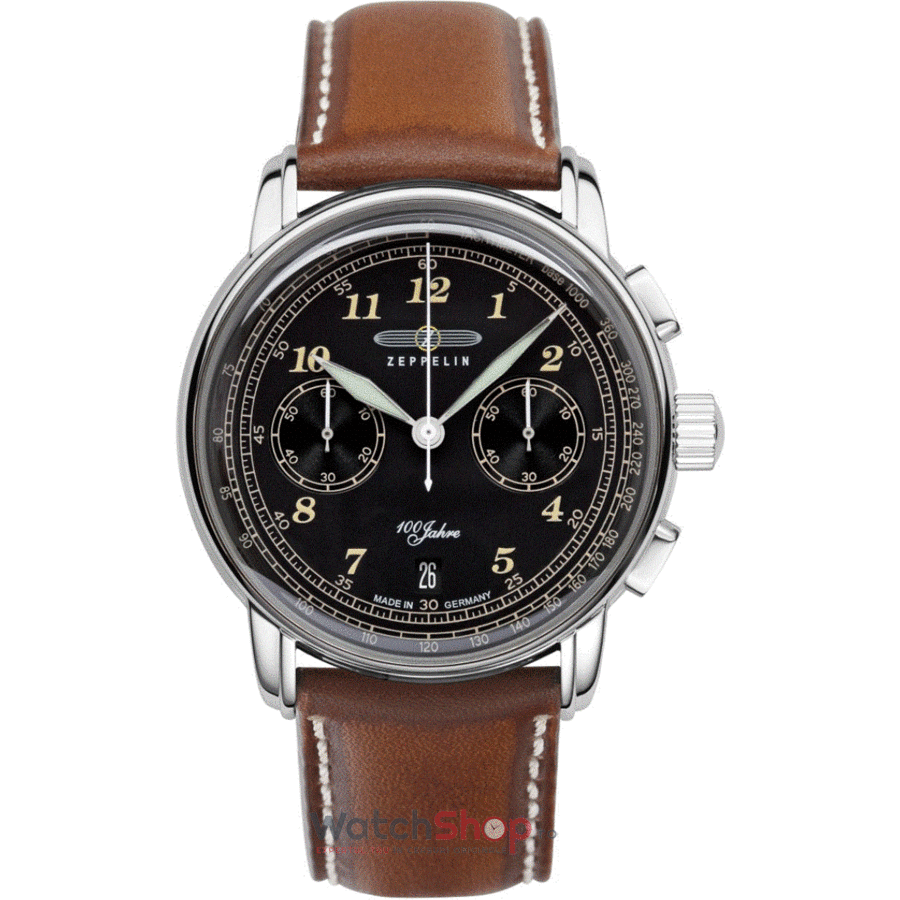 Ceas Zeppelin Barbatesc Elegant Negru 100 Years 7674-3 Cronograf Quartz Original cu Comanda Online