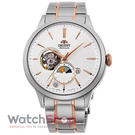 Ceas Original Orient Elegant Alb SUN AND MOON RA-AS0101S Open Heart pentru Barbati cu Comanda Online