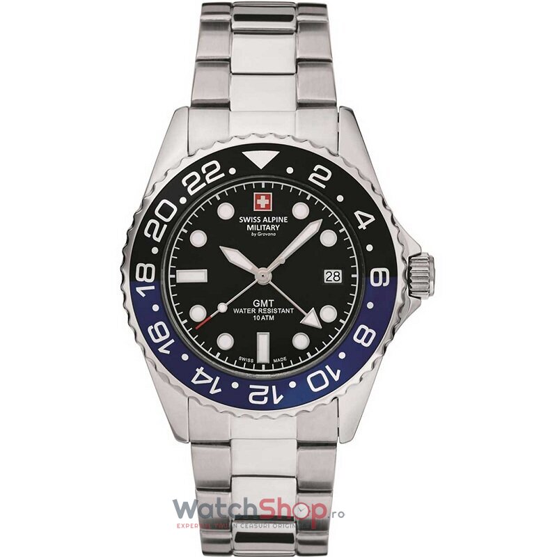 Ceas Swiss Alpine Military Original Barbatesc Sport Negru 7052.1132 GMT Diver Quartz cu Comanda Online