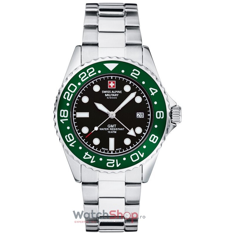 Ceas Swiss Alpine Military Original Barbatesc Sport Negru 7052.1133 GMT Diver Quartz cu Comanda Online